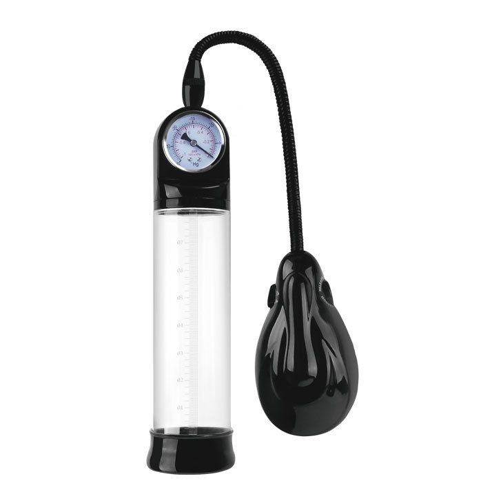 Zylinderförmiges Gerät mit schwarzem Griff, transparentem Zylinder und Manometer. Schwarzer Schlauch und Birne.