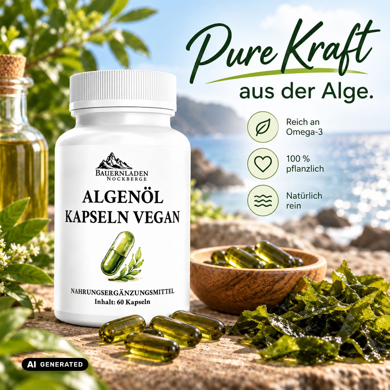 Flasche mit veganen Algenöl-Kapseln. Reich an Omega-3, 100% pflanzlich, natürlich rein.