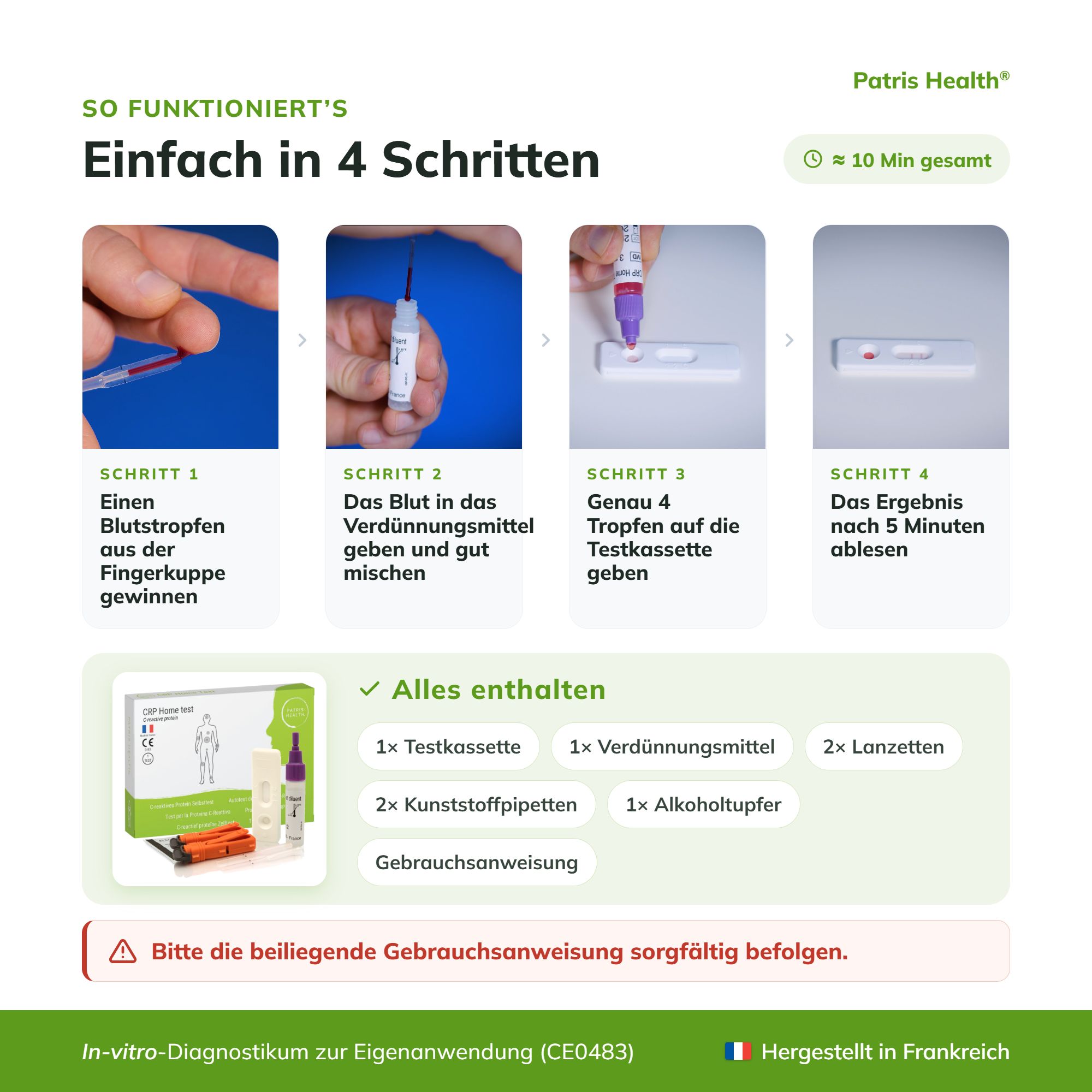 So funktioniert's: CRP Home Test in 4 Schritten. Blutstropfen gewinnen, mischen, auftragen, Ergebnis ablesen.