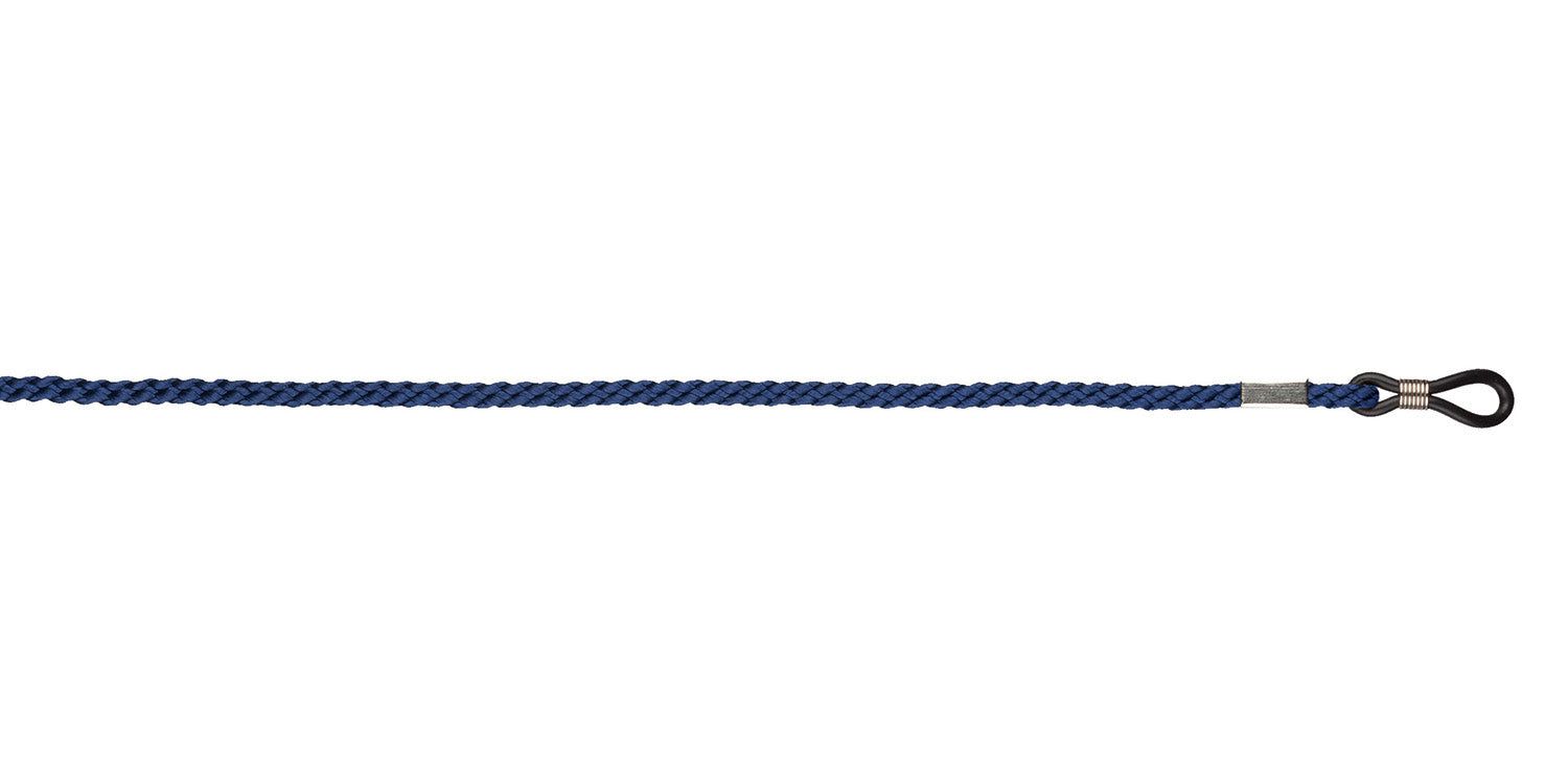 Blaues Brillenband, geflochten. Metallende mit Schlaufe zur Befestigung an Brillenbügeln.