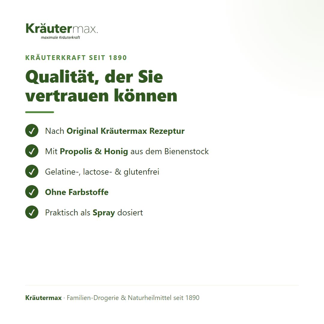 Checkliste mit Vorteilen von Kräutermax: Nach Originalrezeptur, mit Propolis & Honig, ohne Farbstoffe.