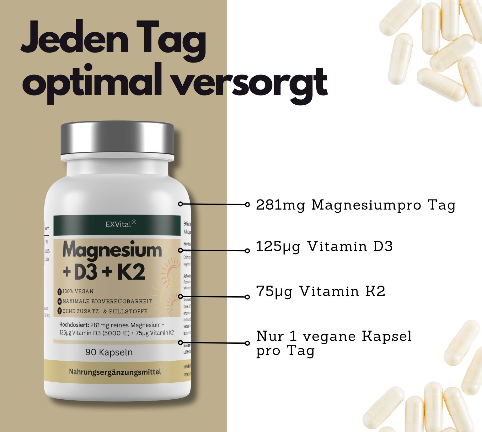Flasche mit Magnesium + D3 + K2 Kapseln. Beschriftung nennt Inhaltsstoffe und Dosierung.