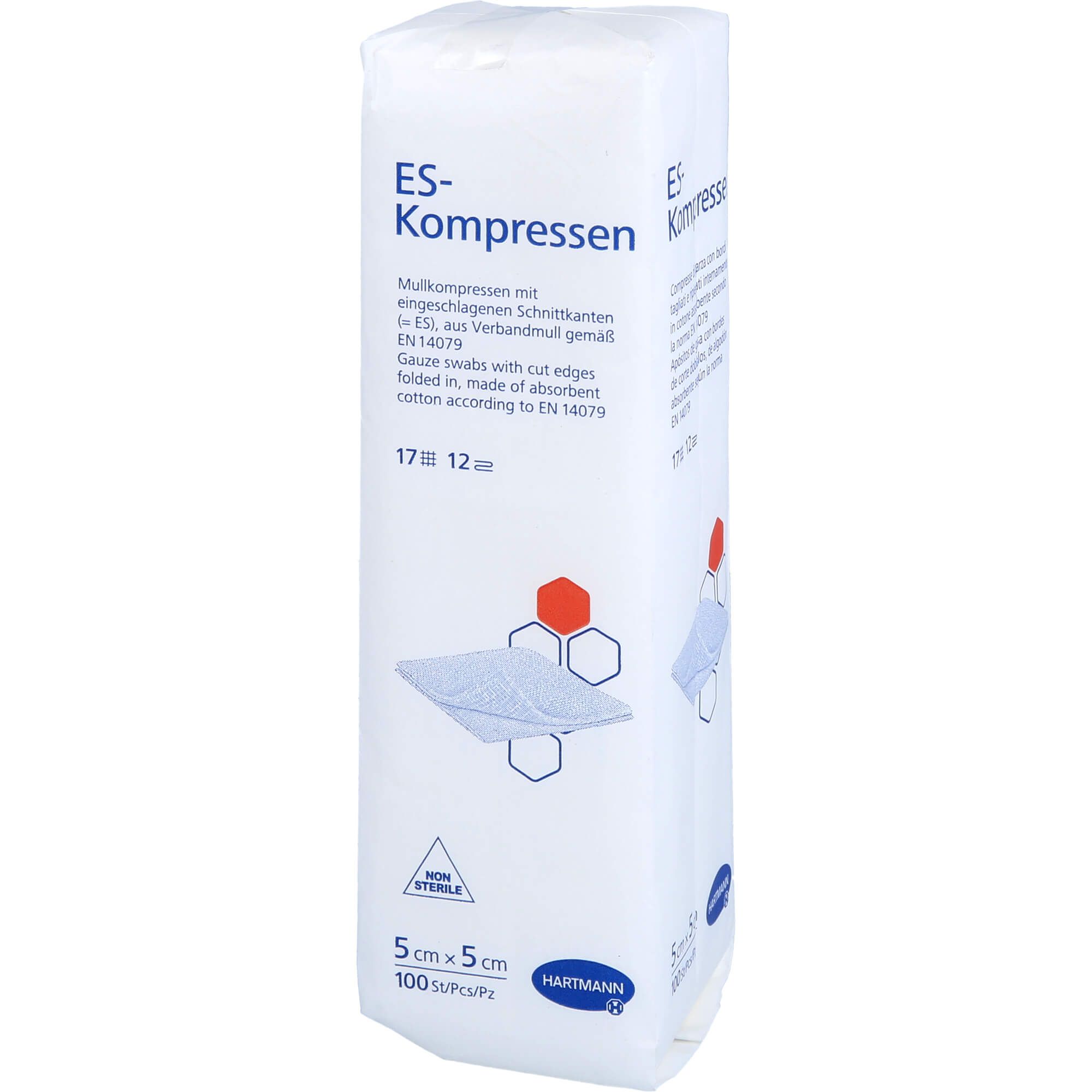 Verpackung mit ES-Kompressen. Weiße Mullkompressen 5x5 cm, 100 Stück. Text: ES-Kompressen, Hartmann.