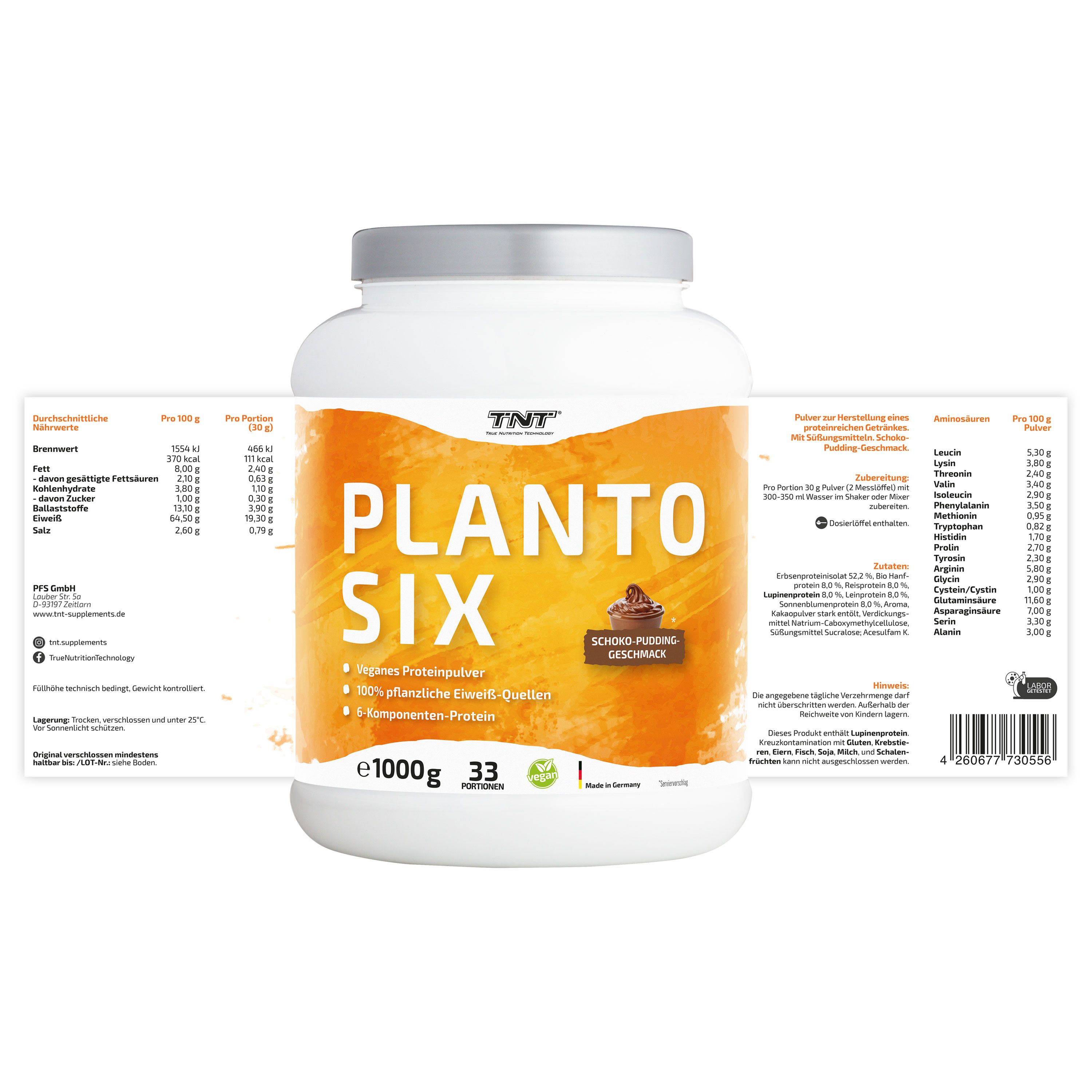 TNT Planto Six, veganes Mehrkomponenten Protein, super cremig und lecker im Schoko-Pudding Geschmack