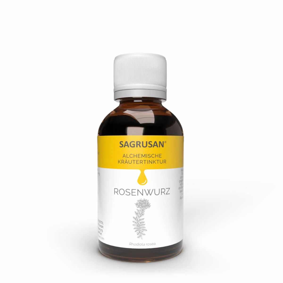 Braune Glasflasche mit weißem Schraubverschluss, gefüllt mit dunkler Flüssigkeit. Gelbes Etikett mit Produktinformationen und einer Kräuterzeichnung.
