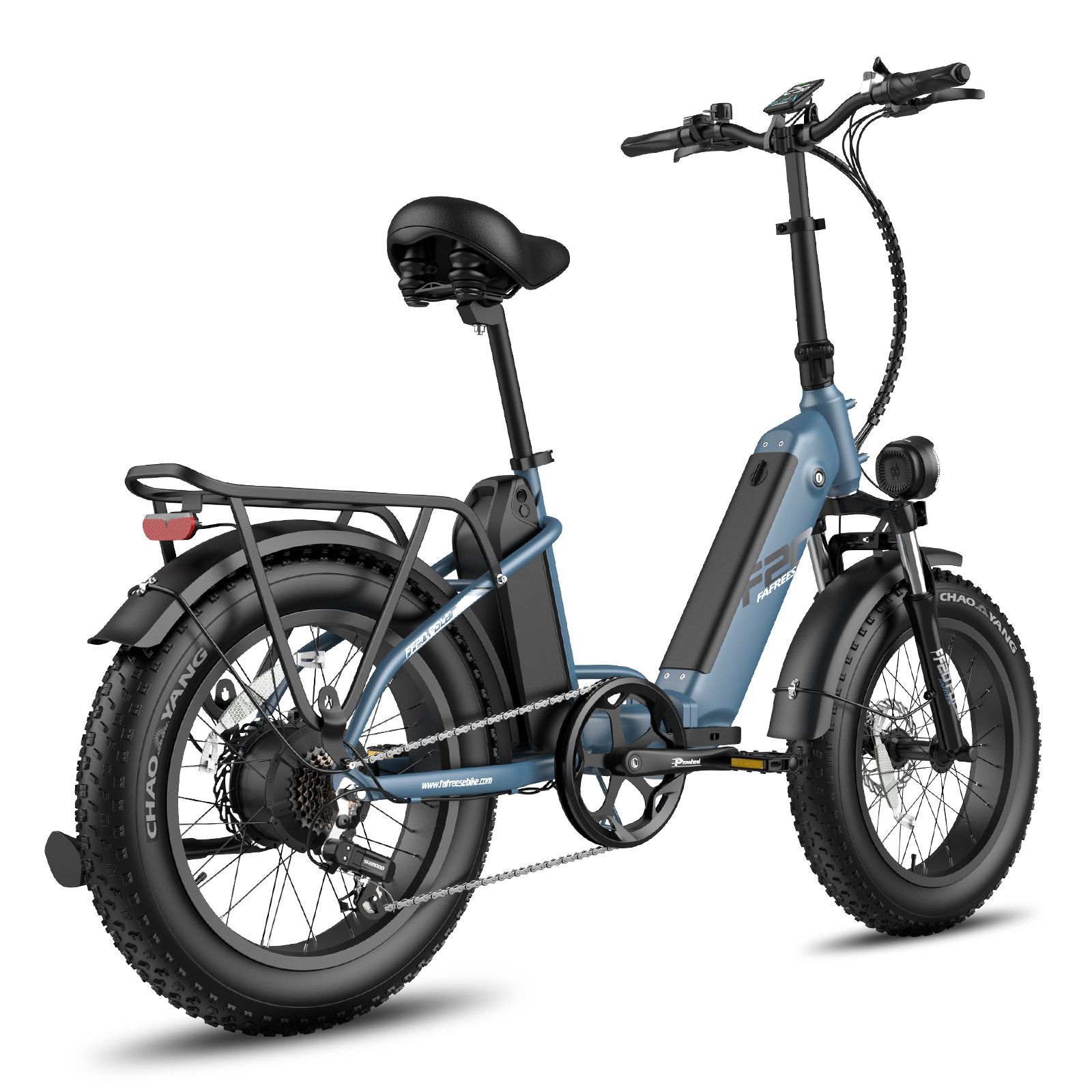 Blaues, faltbares E-Bike. Schwarze Reifen, Sattel und Gepäckträger. Rücklicht. Marke Fafrees.