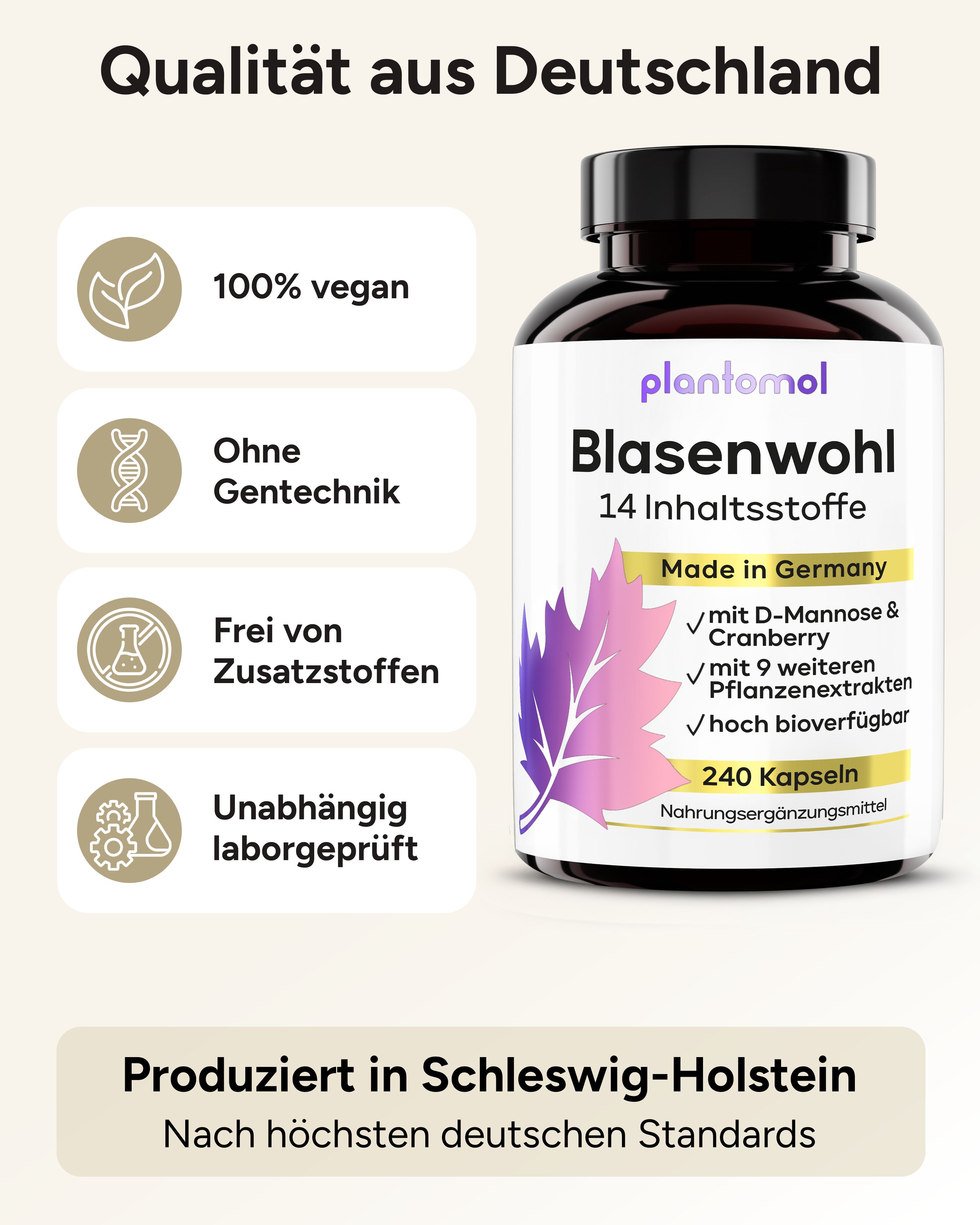 Schwarze Flasche mit weißem Etikett. Aufschrift: plantomol Blasenwohl, 14 Inhaltsstoffe, Made in Germany, 240 Kapseln. Logos: 100% vegan, ohne Gentechnik.