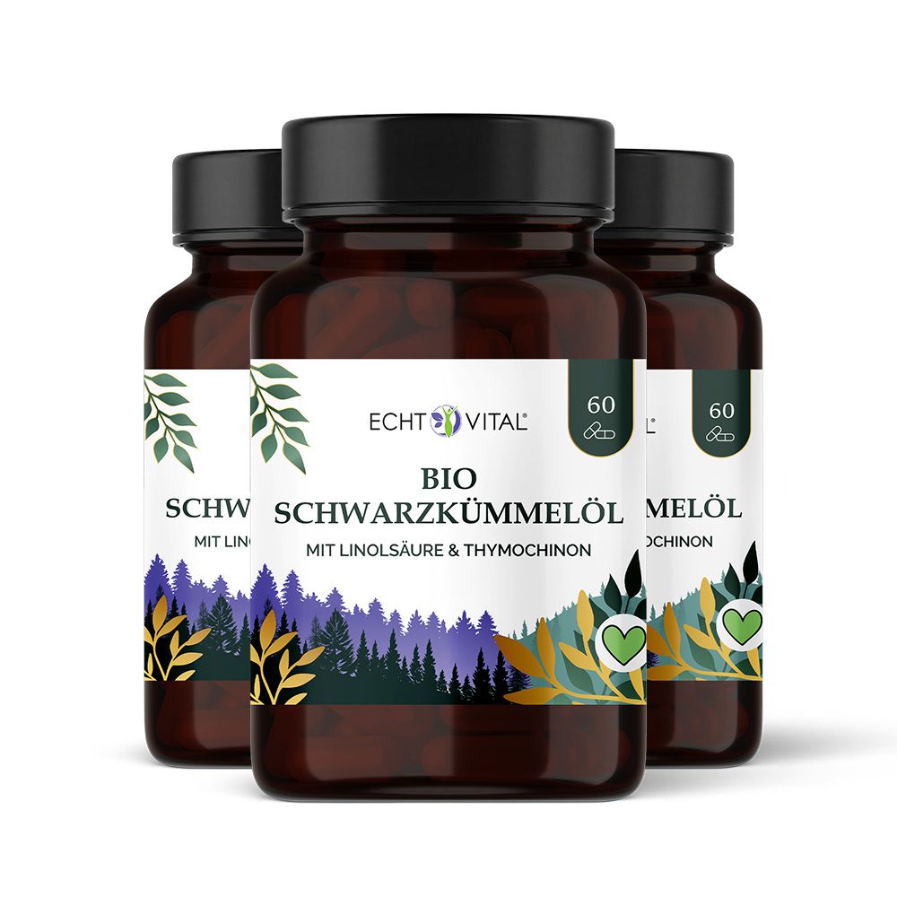 Drei braune Glasflaschen mit schwarzem Deckel. Etikett mit Produktname und Logo. 60 Kapseln pro Flasche.