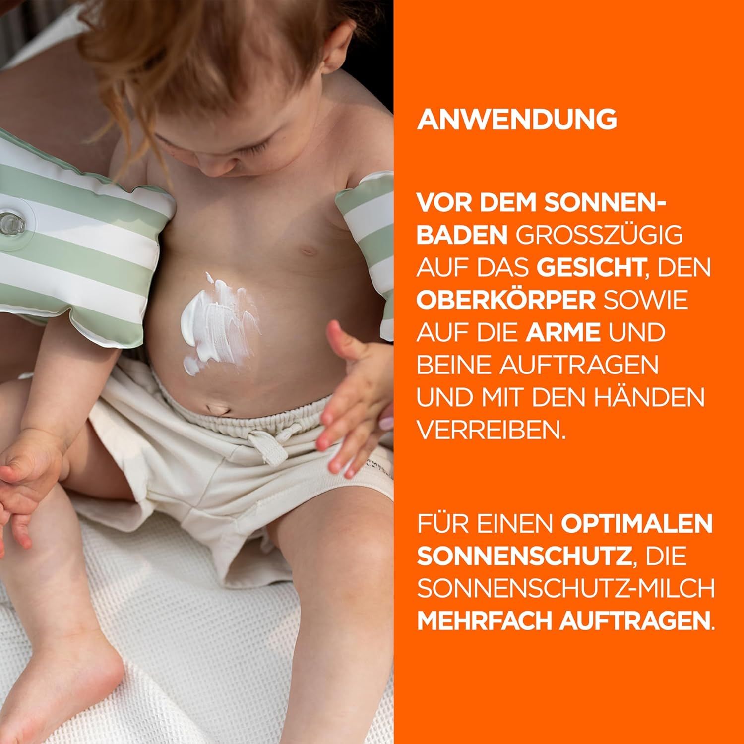 Kind wird mit Sonnencreme eingecremt. Text: Anwendung. Produkt: Garnier Ambre Solaire.