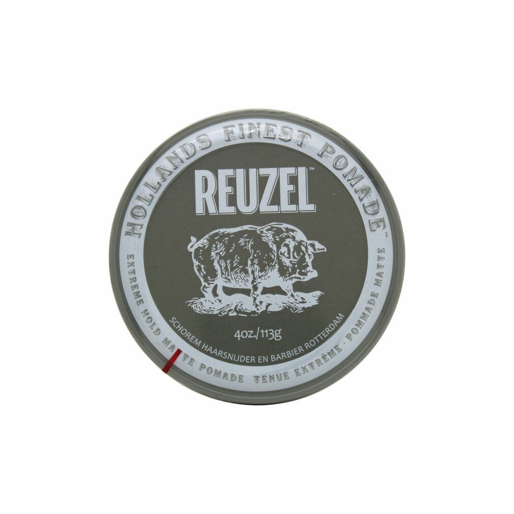 Runde Dose Reuzel Extreme Hold Matte Pomade. Dunkelgraues Etikett mit Schweine-Illustration und Schriftzug.