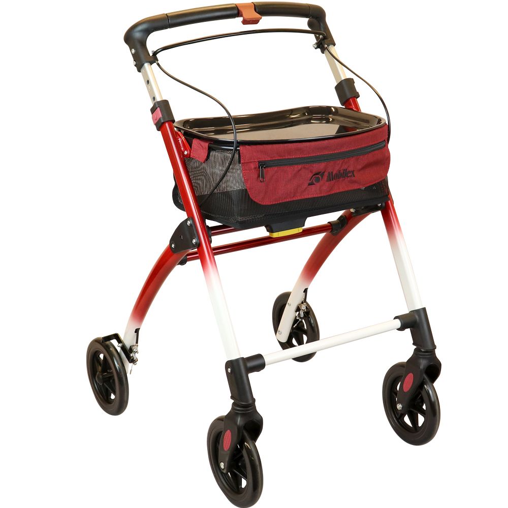 Rollator mit rotem Rahmen, schwarzem Korb und Rädern. Marke Mobilex.