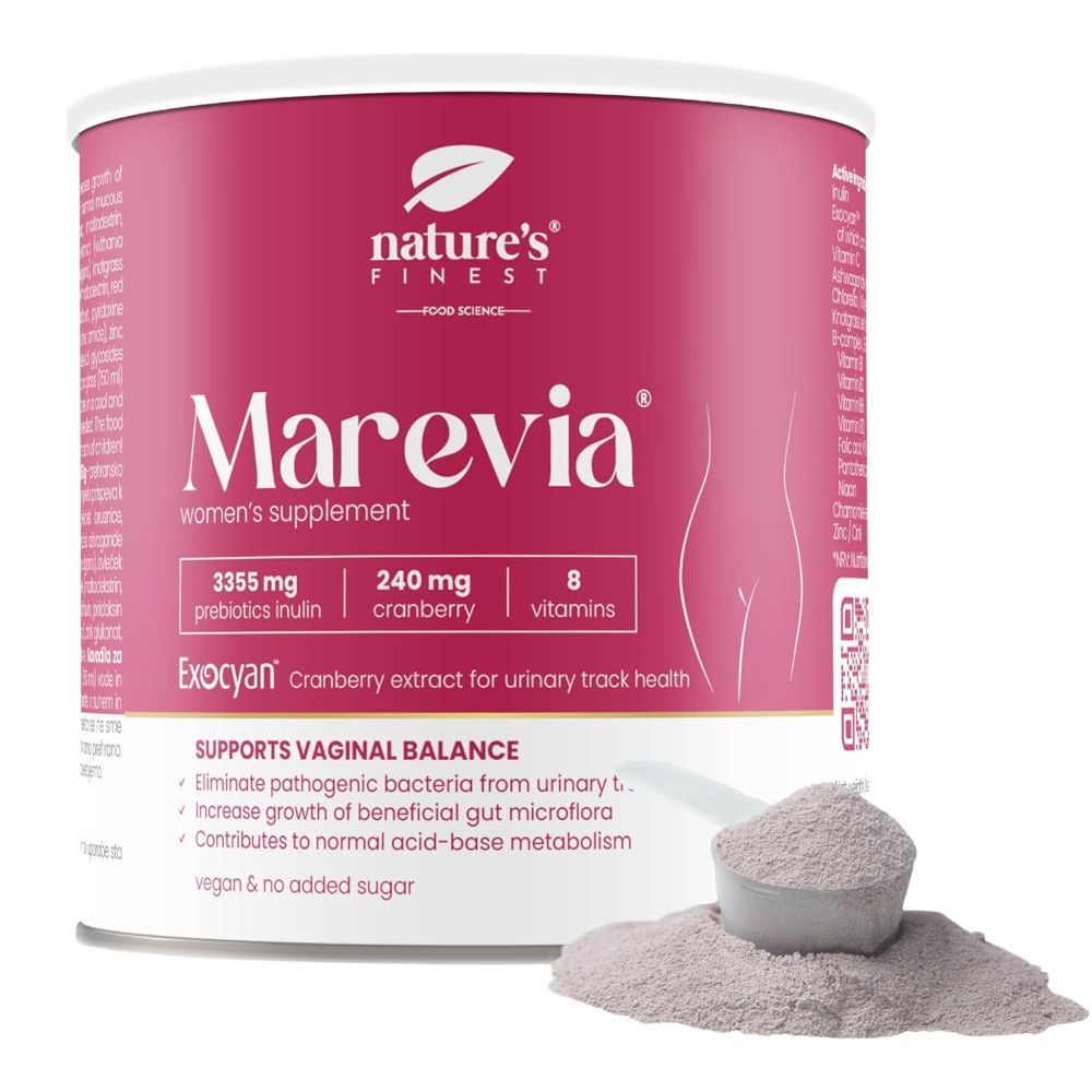 Dose Nature's Finest Marevia, Präbiotikum mit Inulin und Exocyan. Rosa Dose, Pulver und Messlöffel. Enthält 3355 mg Präbiotika, 240 mg Cranberry, 8 Vitamine.
