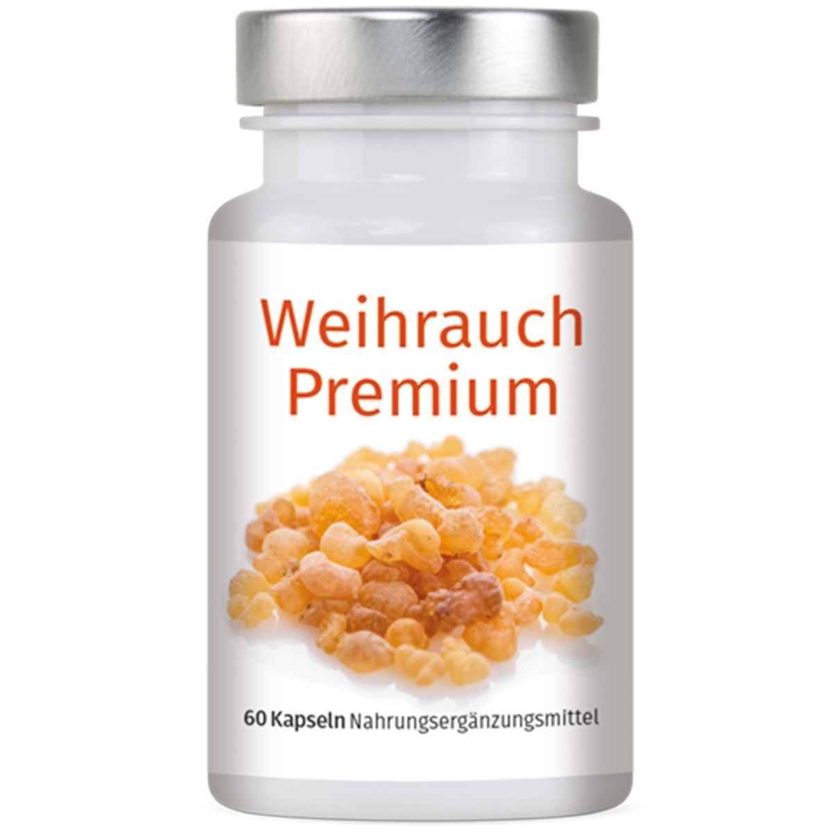 Weiße Flasche mit silbernem Deckel. Aufschrift: Weihrauch Premium. Unterhalb: 60 Kapseln Nahrungsergänzungsmittel. Inhalt: gelbliche Harzstücke.