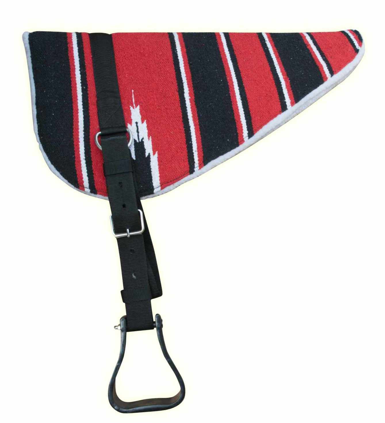 Bareback Pad mit rot, schwarz, weiß gestreiftem Stoff. Schwarze Riemen und Steigbügel. Weiße Umrandung.