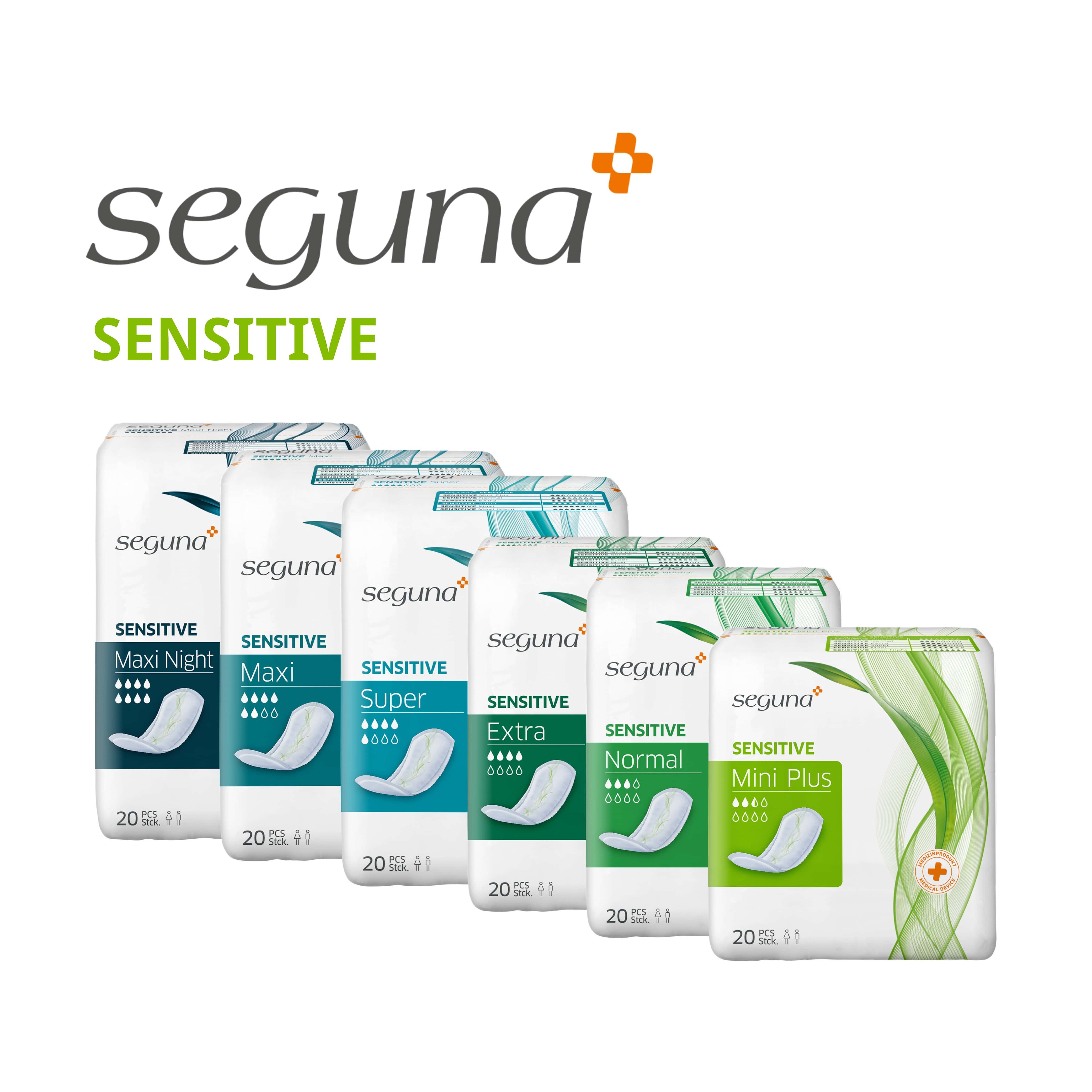 Verpackungen von SEGUNA SENSITIVE Produkten. Verschiedene Varianten: Maxi Night, Maxi, Super, Extra, Normal, Mini Plus.