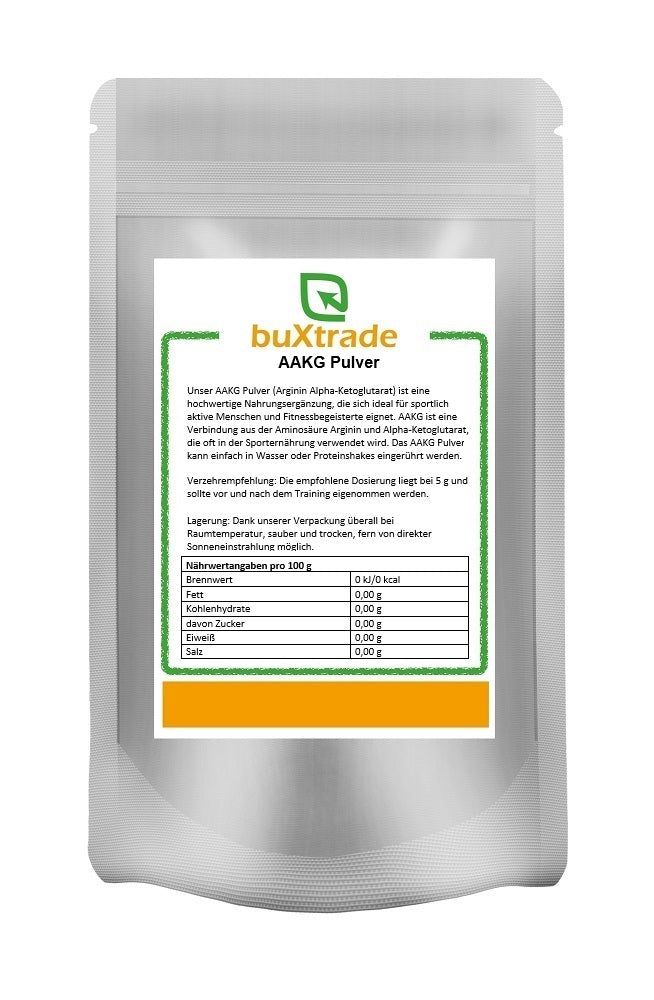Beutel mit AAKG Pulver. Aufdruck mit Produktname, Marke buXtrade und Nährwertangaben. Grün-weiße Verpackung.