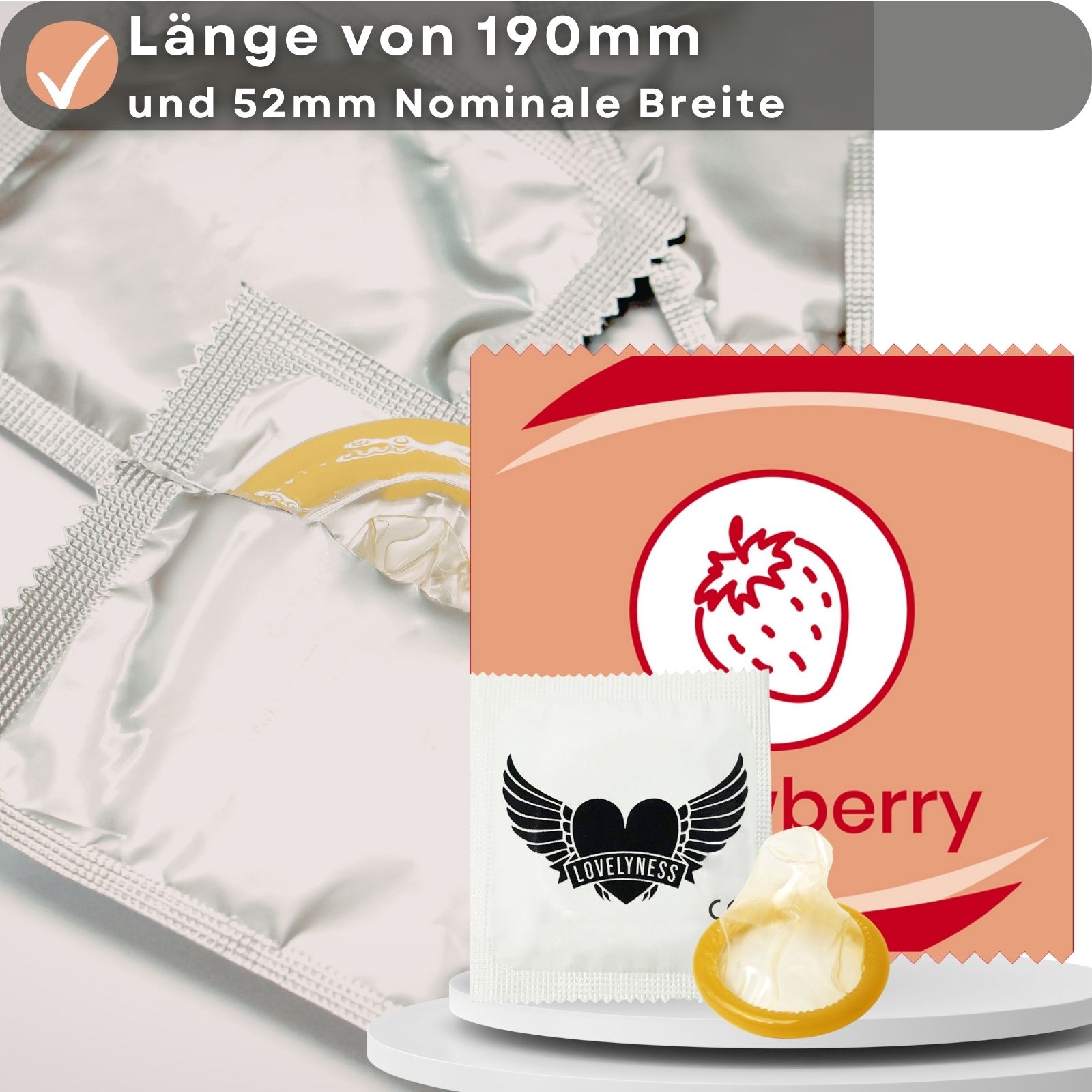 Kondompackung mit Erdbeer-Geschmack. Einzeln verpackt. Erdbeer-Logo. Lovelyness-Logo.