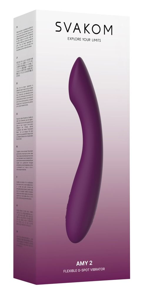 Produktverpackung. Zeigt ein auberginefarbenes Produkt. Text: AMY 2, Flexible G-Spot Vibrator. Marke: SVAKOM.