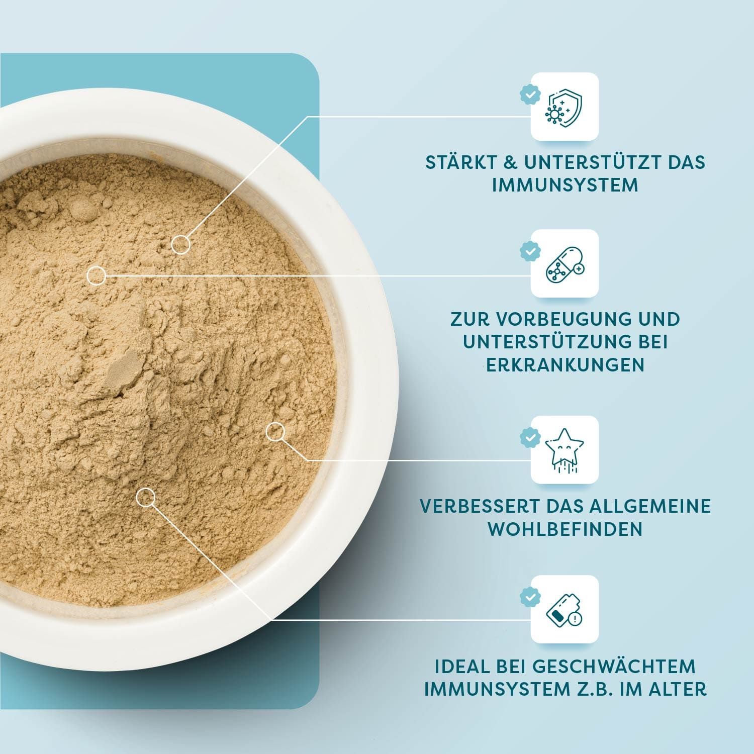 Nahaufnahme einer Schüssel mit braunem Pulver. Infografik mit Texten über die Vorteile für das Immunsystem.