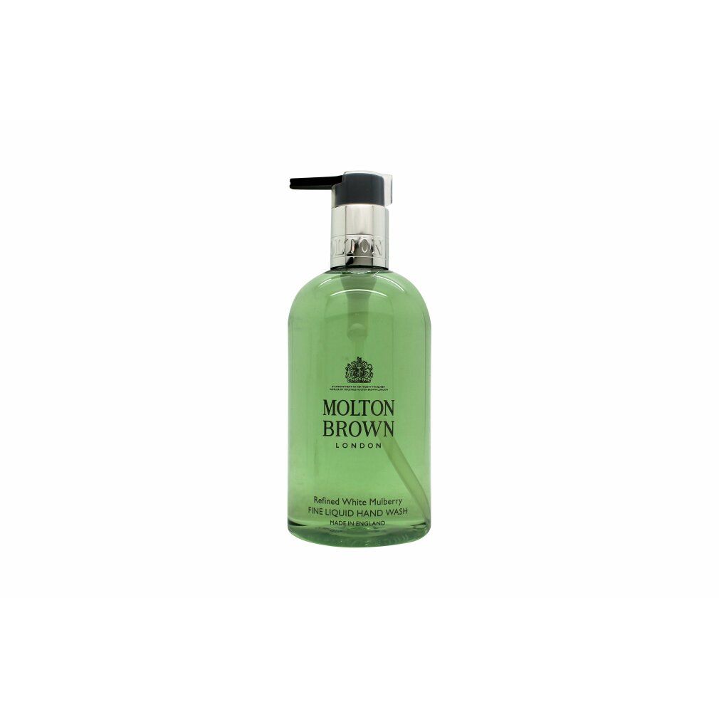Grüne Flasche mit schwarzem Spender. Aufschrift: Molton Brown London, Refined White Mulberry Fine Liquid Hand Wash.