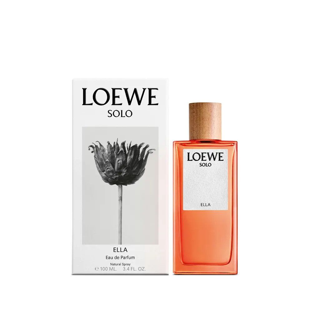 Flakon und Verpackung von Loewe Solo Ella. Rechteckiger Flakon mit Holzdeckel. Verpackung mit floralem Motiv und Logo.
