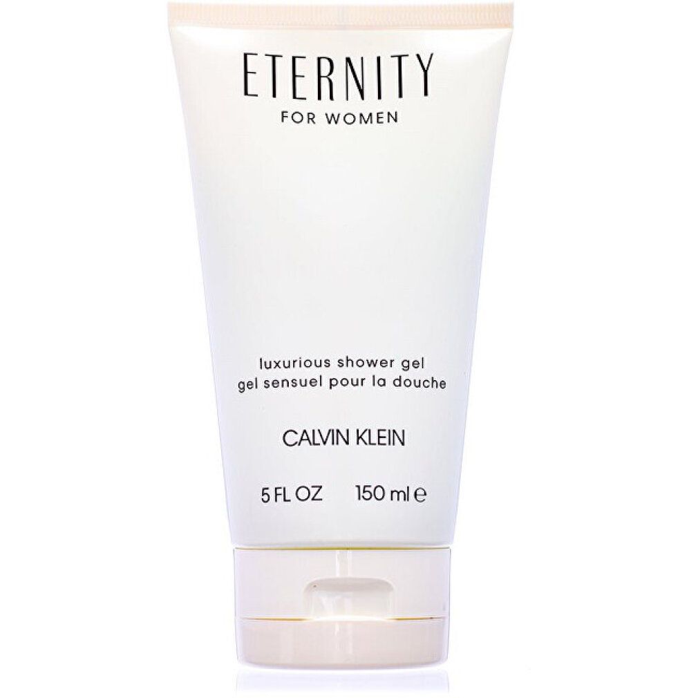 Weißes Duschgel-Tube mit "ETERNITY FOR WOMEN" und "Calvin Klein" Schriftzug. Text: luxurious shower gel, gel sensuel pour la douche. 5 FL OZ, 150 ml e.