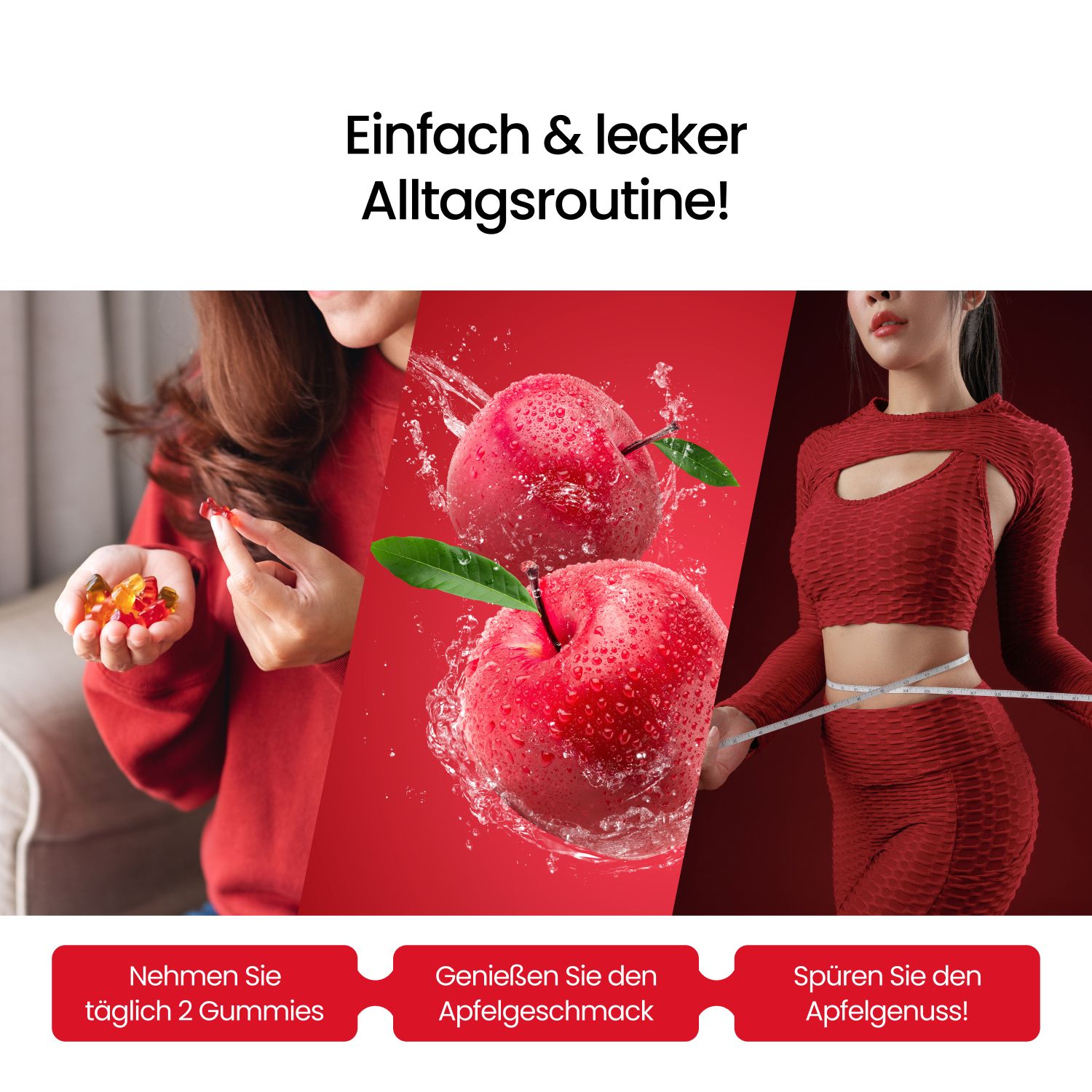 Collage mit drei Bildern. Frau mit Gummibärchen, Äpfel im Wasser, Frau mit Maßband. Text: "Einfach & lecker Alltagsroutine!"