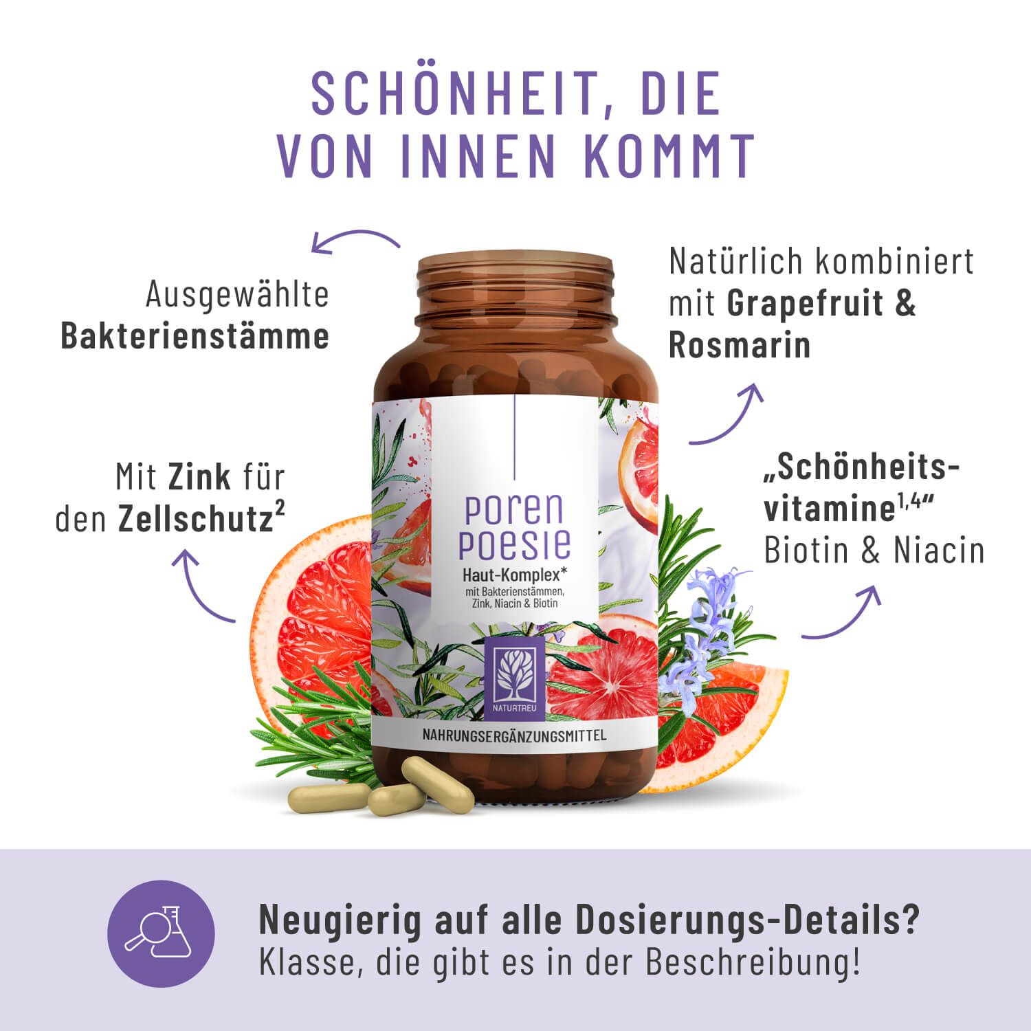 Braune Flasche Poren Poesie Haut-Komplex mit Kapseln. Text: Zink, Biotin, Niacin. Grafiken mit Grapefruit und Rosmarin. NATURTREU® Logo.