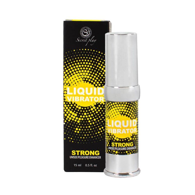 Schwarze Verpackung und silberfarbener Behälter mit gelber Aufschrift "LIQUID VIBRATOR STRONG".