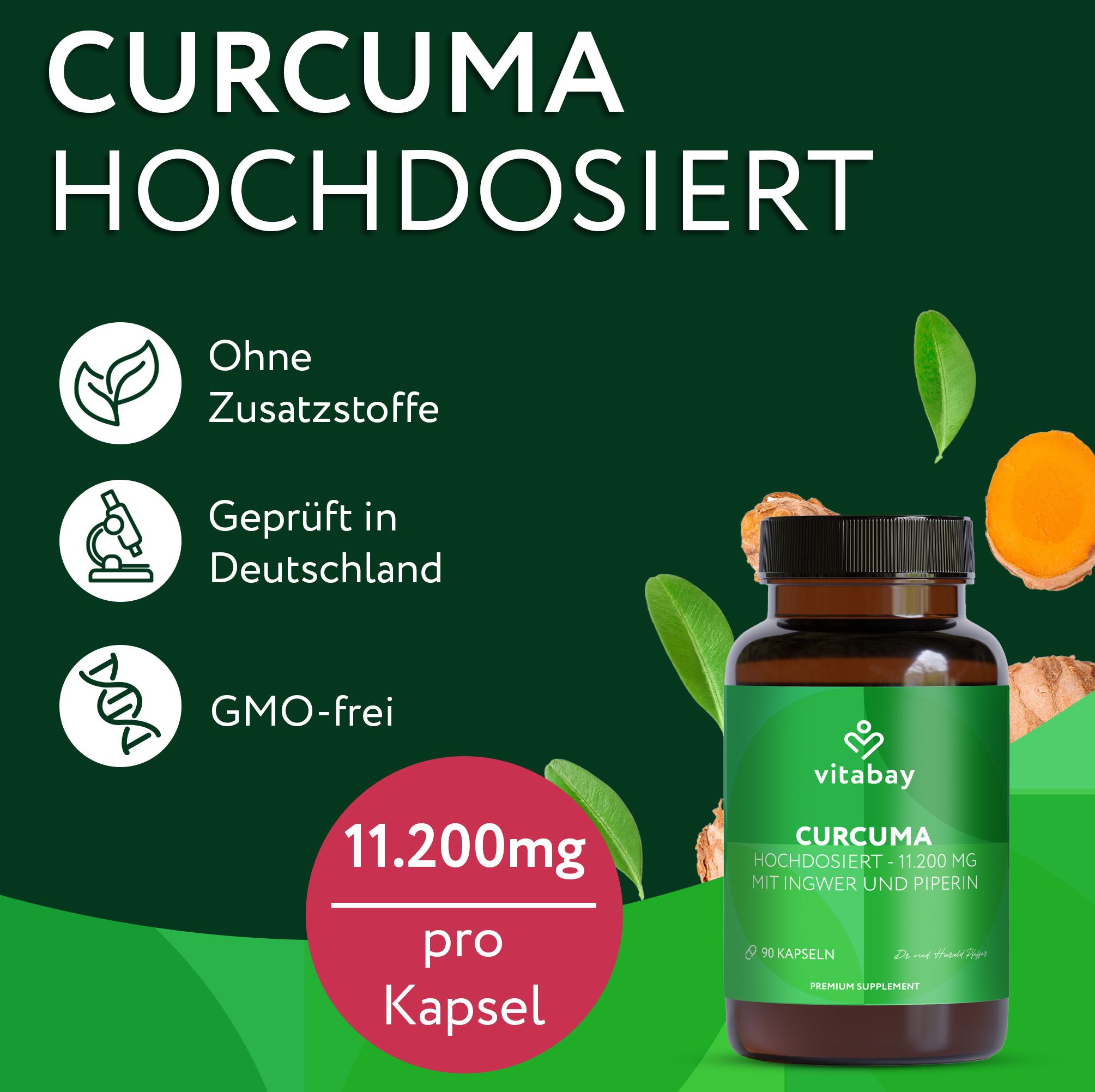 Flasche Curcuma-Extrakt mit Symbolen für "Ohne Zusatzstoffe", "Geprüft" und "GMO-frei".