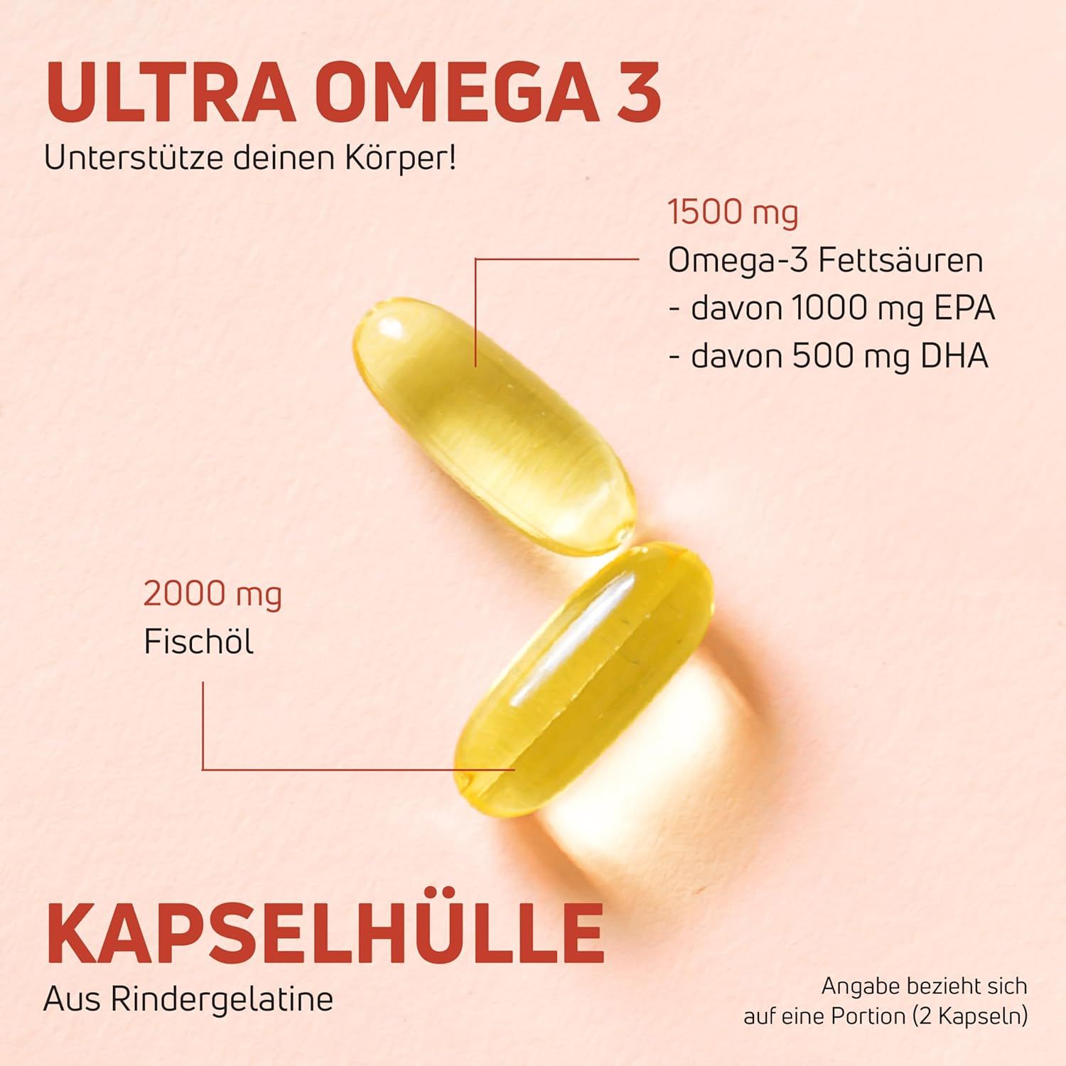 Zwei gelbe Kapseln. Text: Kapselhülle aus Rindergelatine. Text: 1500 mg Omega-3 Fettsäuren. 2000 mg Fischöl.