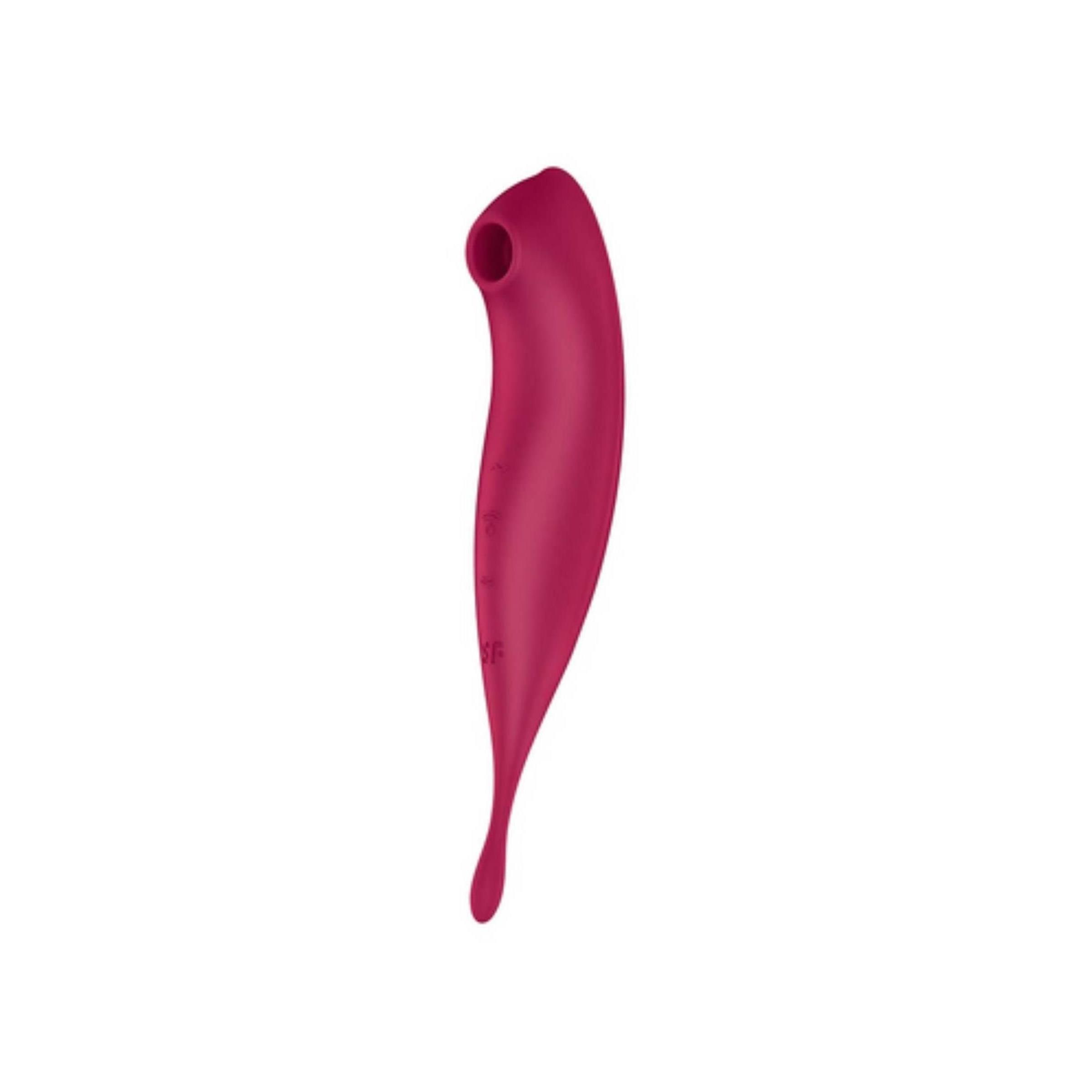 Weinroter Vibrator mit gebogener Form und abgerundeter Spitze. Tropfenförmiges Ende.