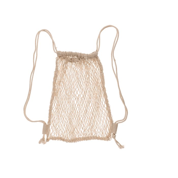 Naturfarbener Netz-Rucksack, offen. Der Rucksack hat zwei Träger und ist aus grobem Netzmaterial gefertigt.