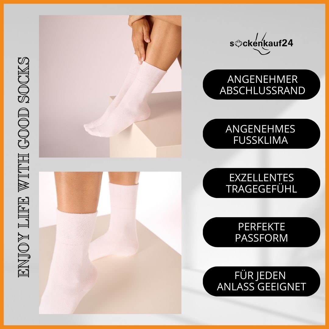 Weiße Socken am Bein. Text: Angenehmer Abschlussrand, angenehmes Fußklima, exzellentes Tragegefühl, perfekte Passform, für jeden Anlass geeignet.