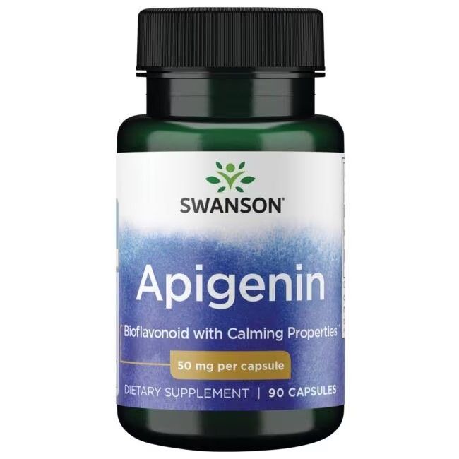 Grüne Flasche mit schwarzem Deckel. Aufschrift: SWANSON Apigenin 50 mg. 90 Kapseln. Nahrungsergänzungsmittel.