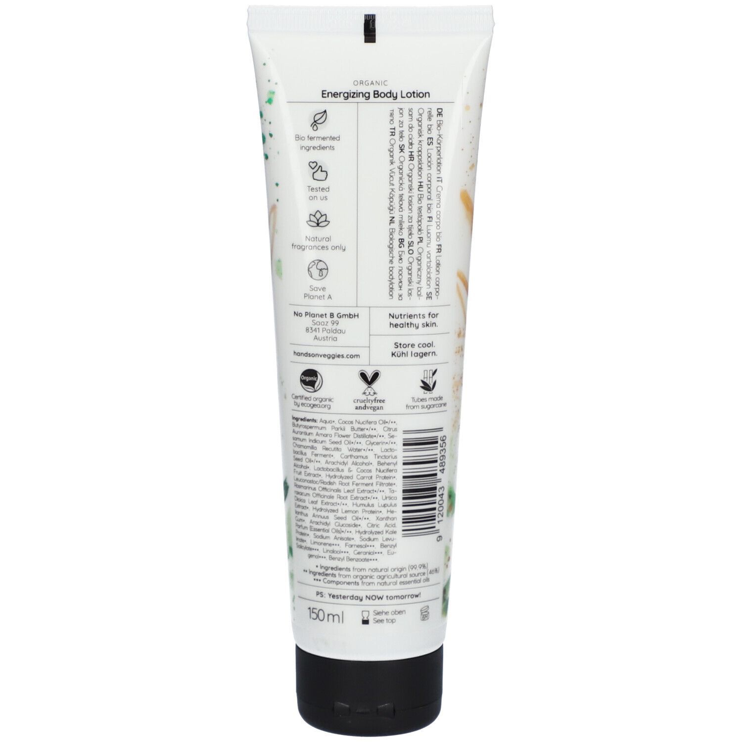 Weiße Tube mit schwarzem Deckel. Text: "Organic Energizing Body Lotion". Aufdruck mit Inhaltsangaben und Logos.