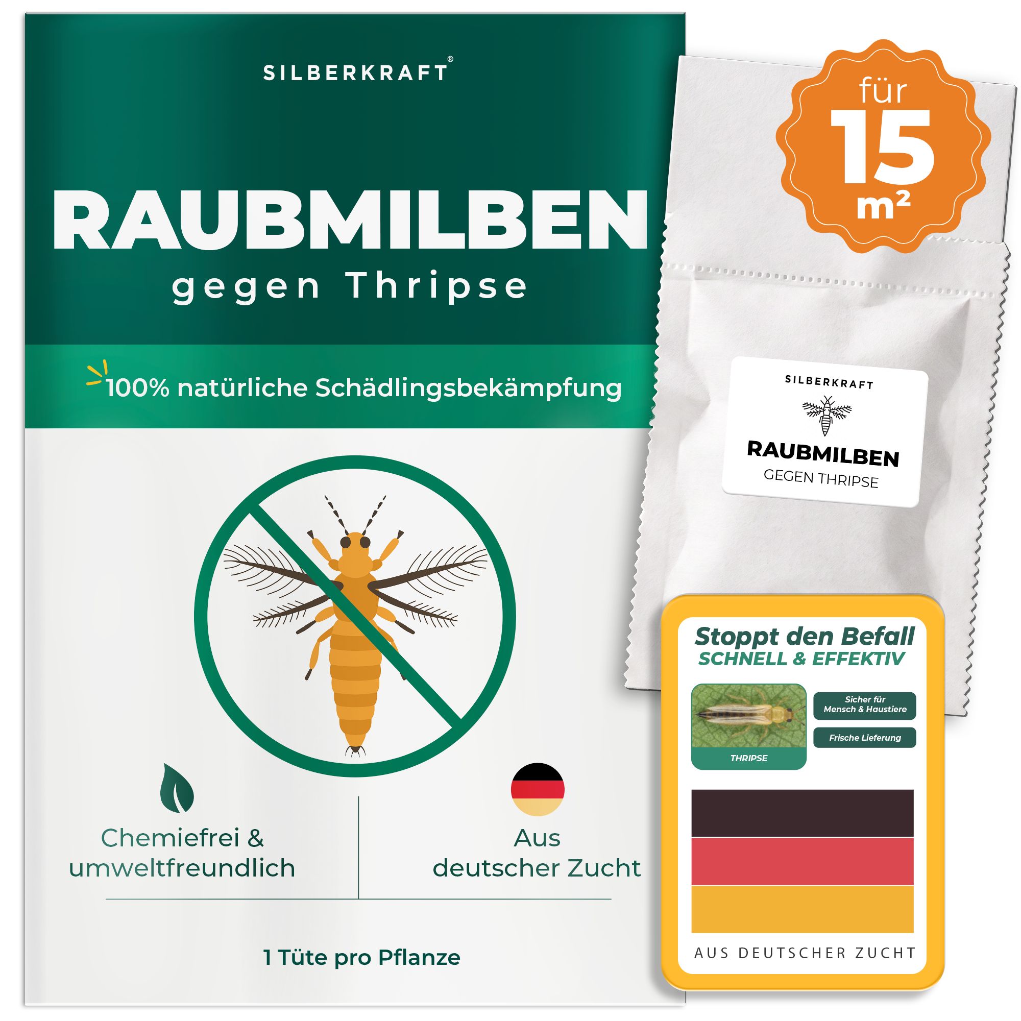 Verpackung für Raubmilben gegen Thripse, mit deutscher Zucht und Hinweis auf 15 m² Fläche.
