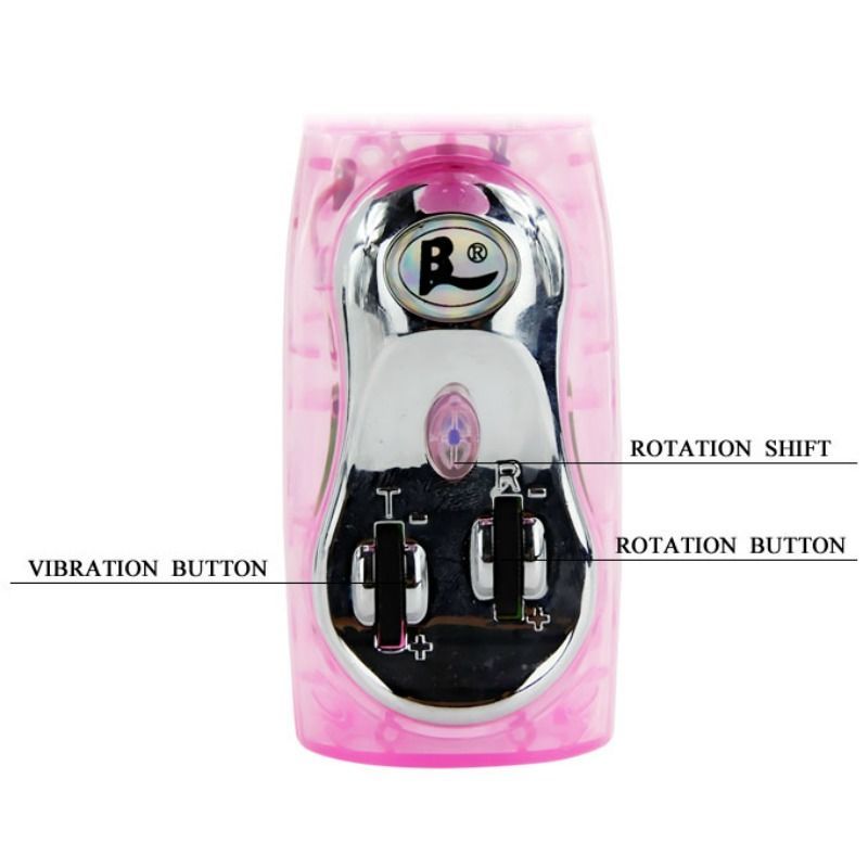 Silberne Bedienelemente eines rosa Vibrators. Beschriftung: Vibration, Rotation.