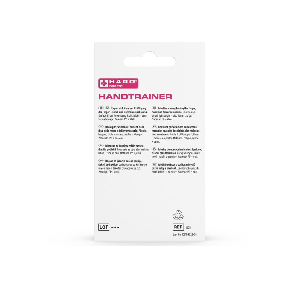 Rückseite der Verpackung des Haro Handtrainers. Weiß mit Produktname und Logo. Text in mehreren Sprachen. Recycling-Symbol.