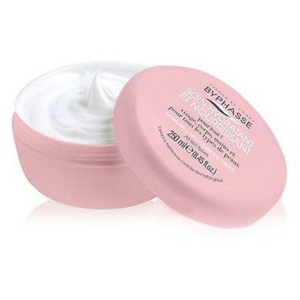 Rosa Dose mit weißer Creme. Deckel daneben. Text: BYPHASSE, Soin Hydratant et Nourrissant, 250 ml.
