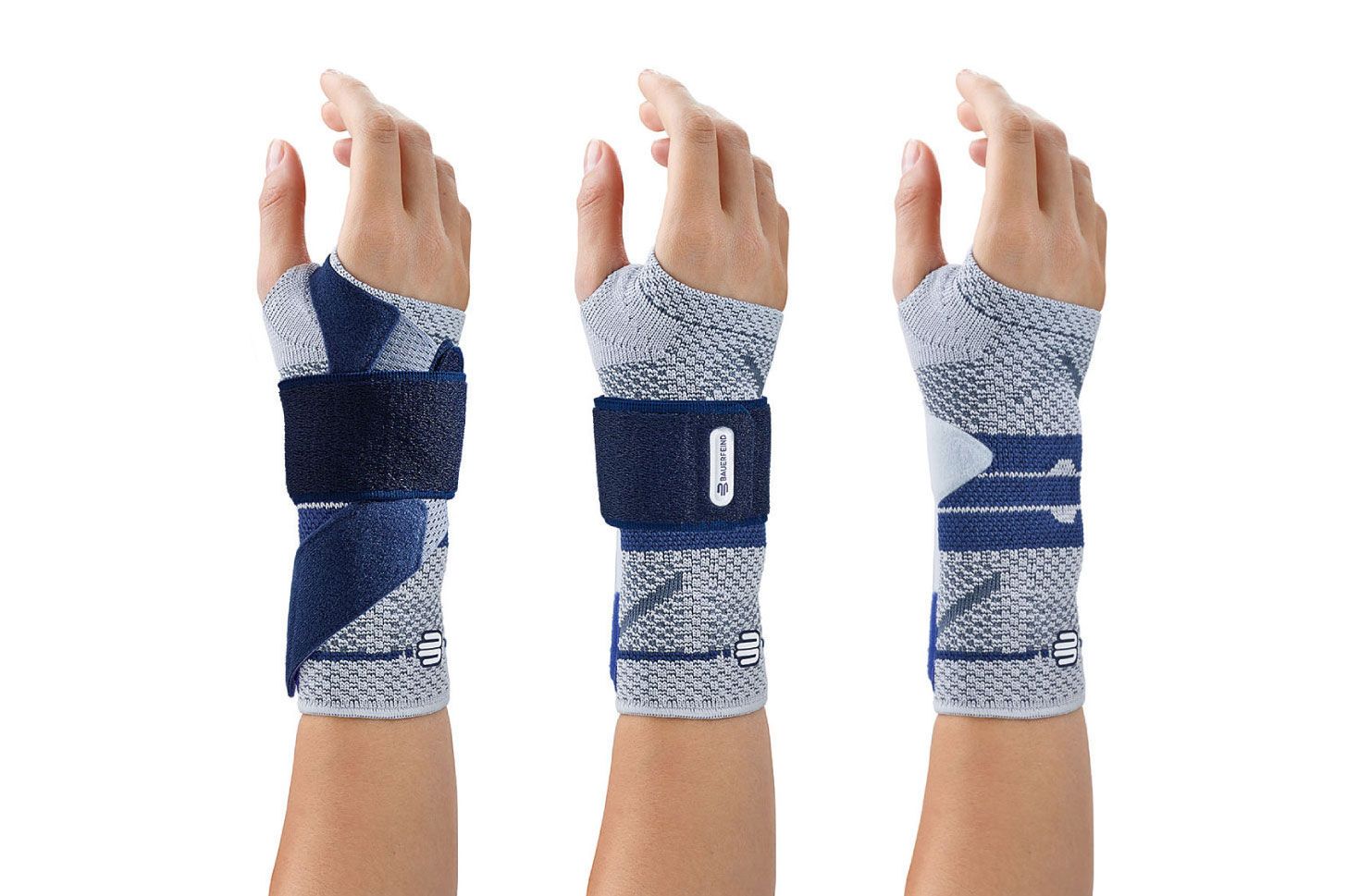 Handgelenkbandage, grau-blau, mit Klettverschluss. Drei Ansichten: Handrücken, Handfläche, seitlich. Logo.