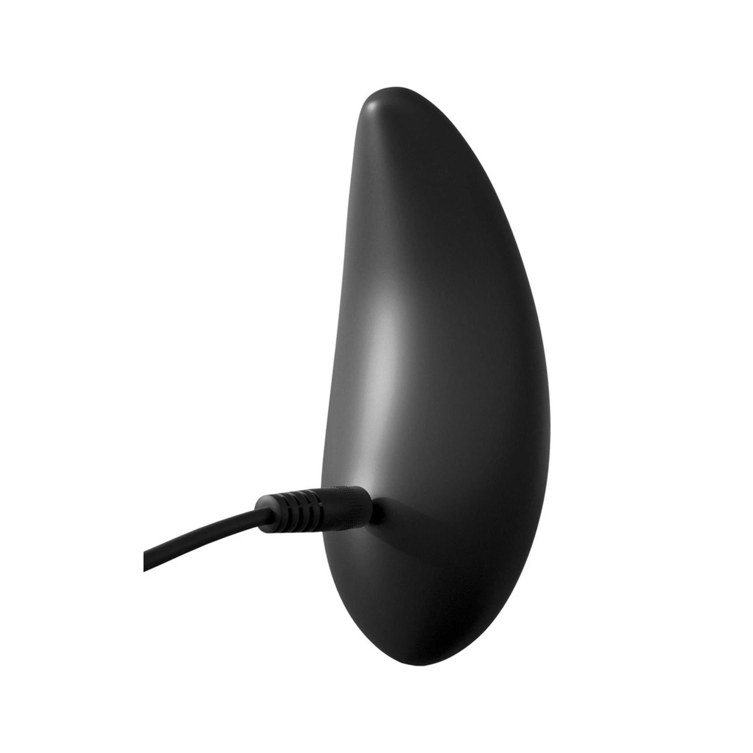 Schwarzer Vibrator mit angeschlossenem Ladekabel. Oval und spitz zulaufend.