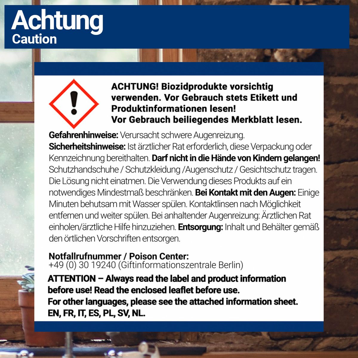 Warnhinweis-Etikett mit rotem Ausrufezeichen. Enthält Gefahren- und Sicherheitshinweise in Deutsch und Englisch.