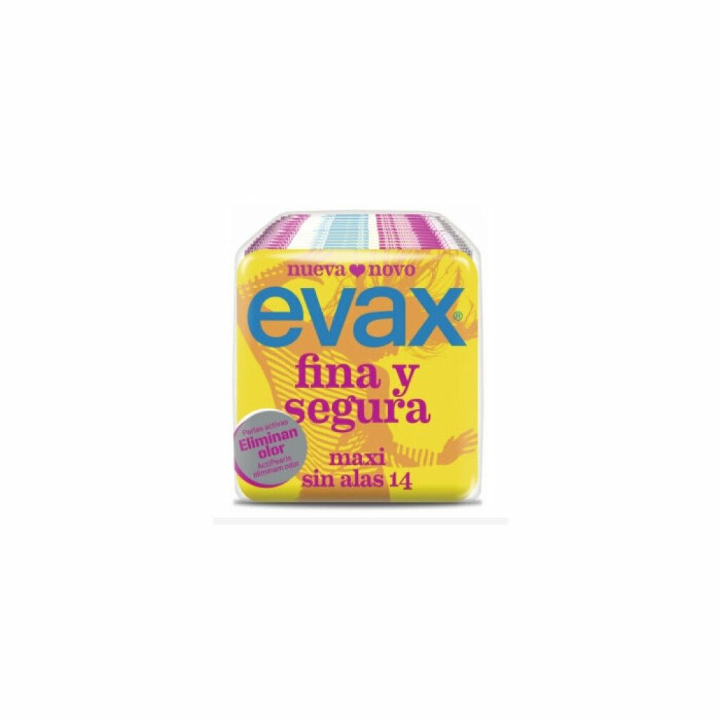 Gelbe Verpackung mit blauem "evax"-Logo, "fina y segura" und Text: "maxi sin alas 14". Mit "Eliminan olor" Aufkleber.