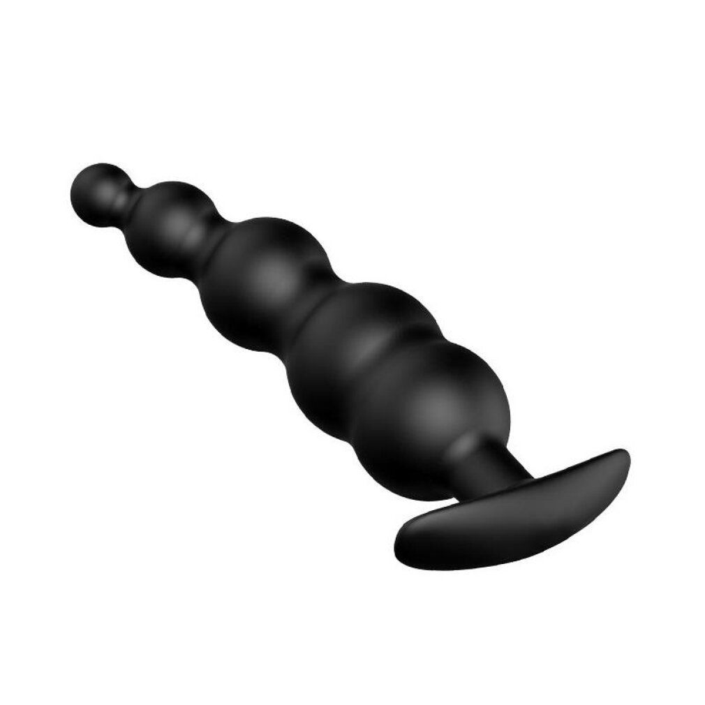 Schwarzer Analplug mit gerundeter Form. Besteht aus mehreren, unterschiedlich großen Kugeln. Basis mit gebogener Form.