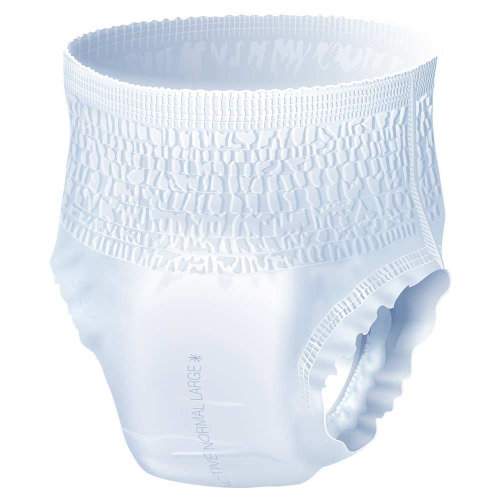 Weiße Inkontinenzhose. Elastischer Bund und Beinabschlüsse. Produktbezeichnung: ACTIVE NORMAL LARGE.