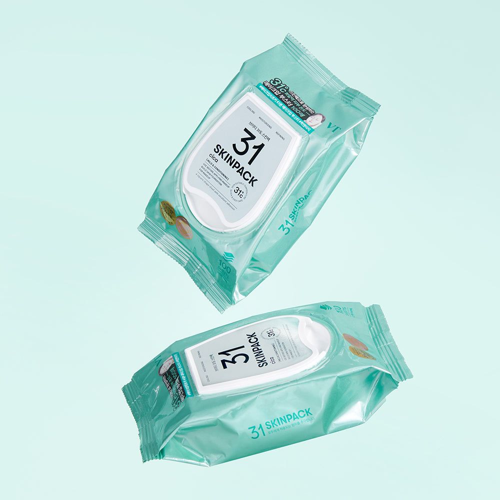 Zwei Packungen VT Cosmetics Cica Skin Pack Feuchttücher schweben.
