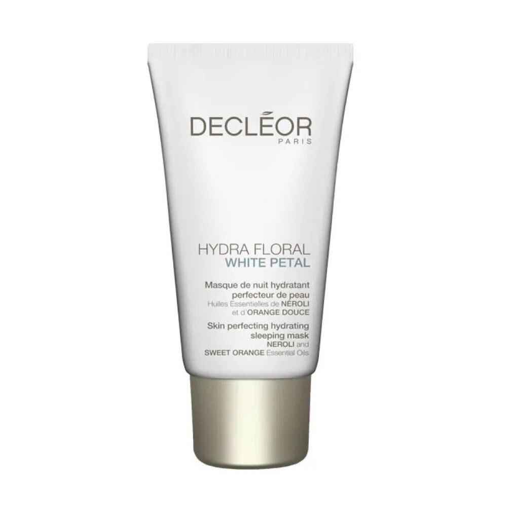 Weiße Tube mit goldfarbenem Deckel. Aufschrift: Decleor, Hydra Floral White Petal, Masque de nuit hydratant, Neroli, Orange Douce.