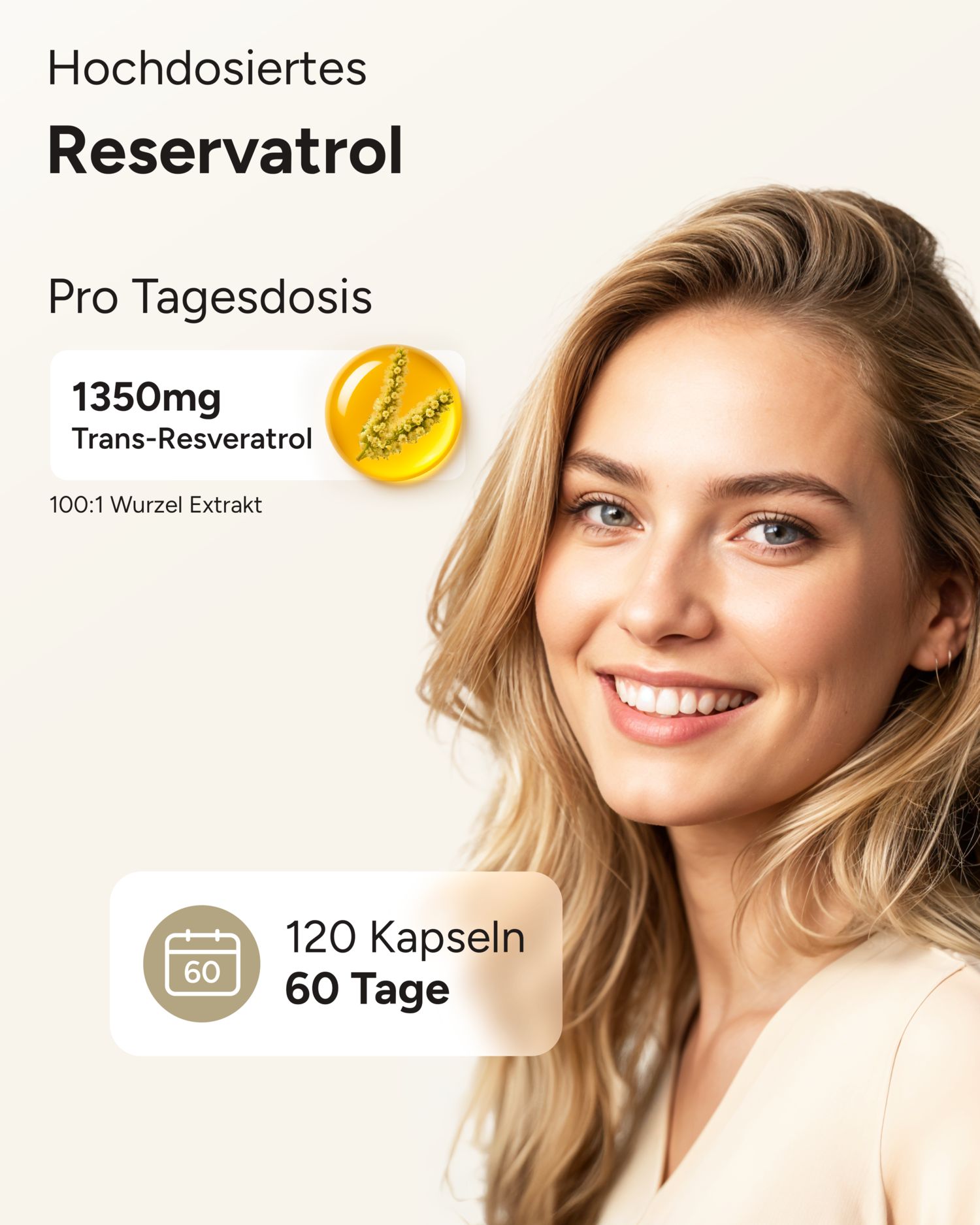 Frau lächelt. Text: Hochdosiertes Resveratrol, 1350mg Trans-Resveratrol, 100:1 Wurzelextrakt. 120 Kapseln, 60 Tage.