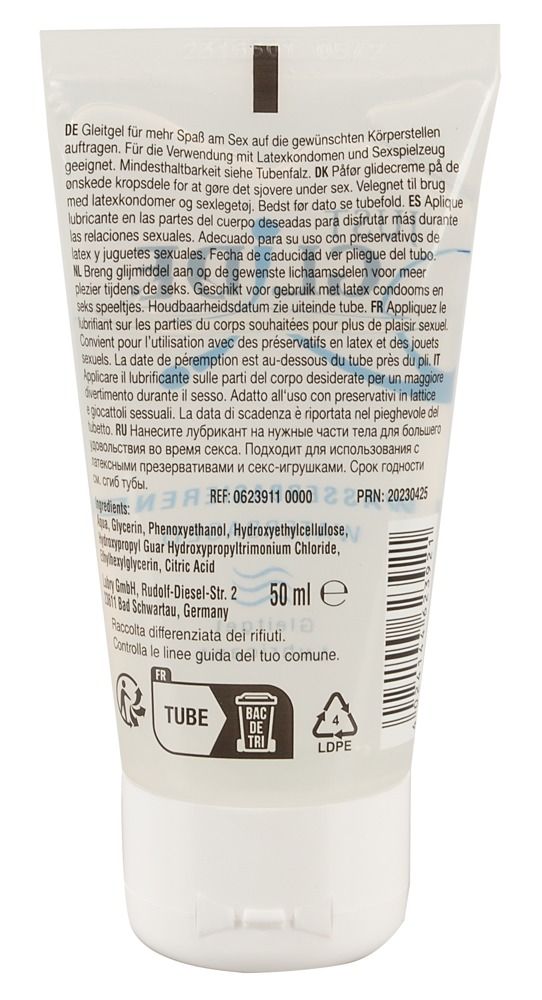 Rückseite der Tube. Text in mehreren Sprachen. Inhaltsstoffe, Herstellerinformationen, CE-Kennzeichnung, Recycling-Symbole.